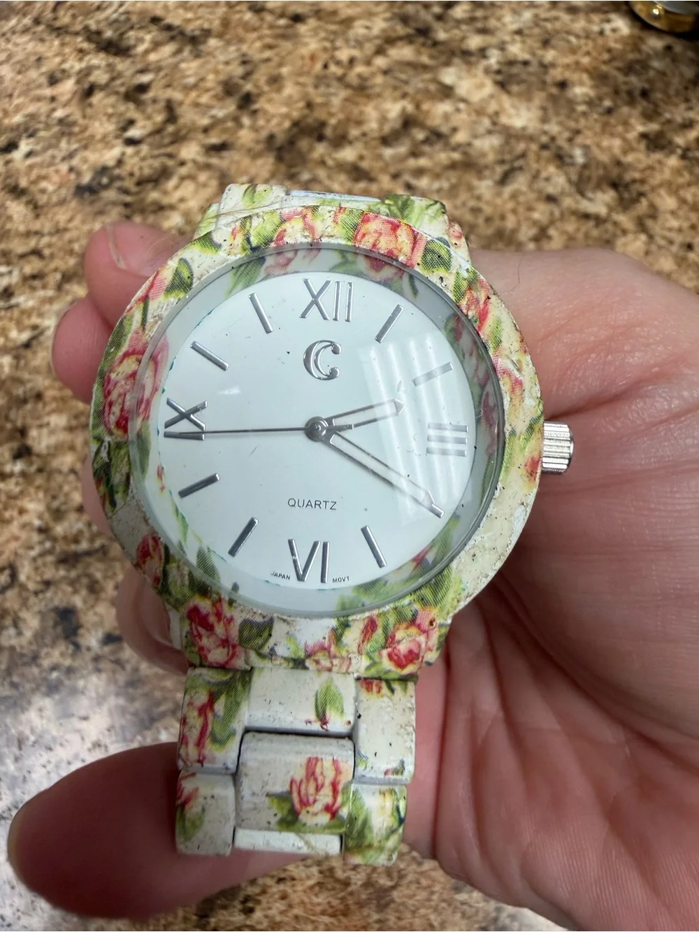 Women’s Floral Rose Quartz Watch Chunky Bracelet Roman Numerals Cottagecore